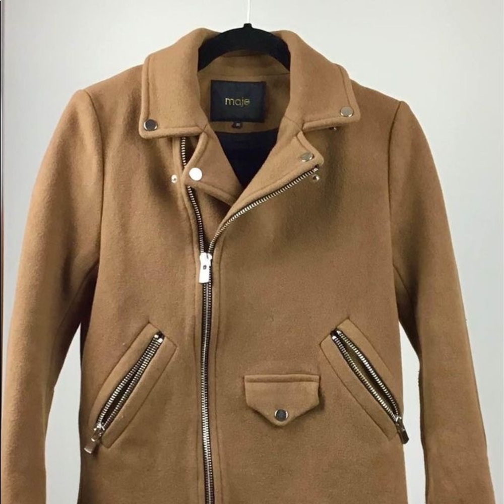 Maje Camel Brown Wool Moto Jacket